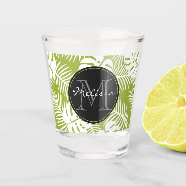 Green Palm Leaves Rainforest Pattern Monogram Shot Glass (Front)