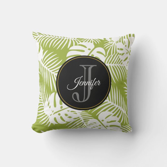 Green Palm Leaves Rainforest Pattern Monogram Throw Pillow (Front)