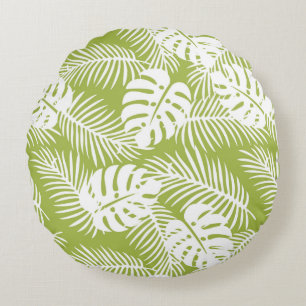 Green Palm Leaves Rainforest Pattern Round Pillow