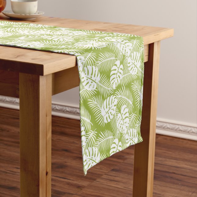 Green Palm Leaves Rainforest Pattern Short Table Runner (In Situ)