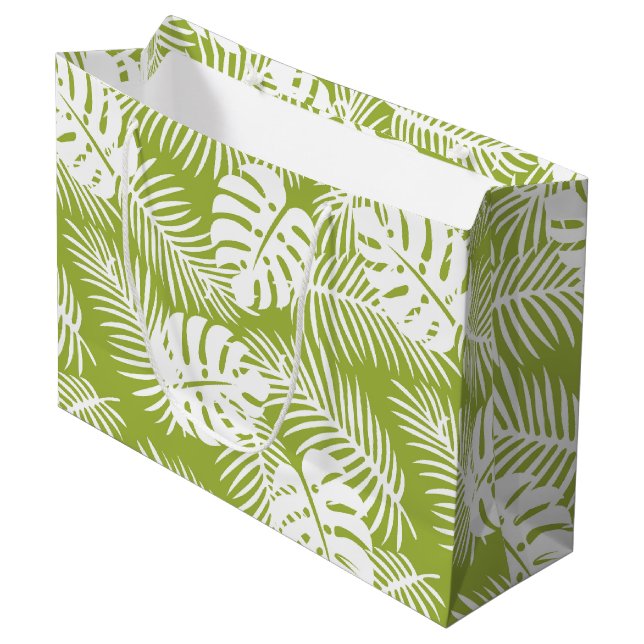 Green Palm Leaves Rainforest Pattern Simple Large Gift Bag (Front Angled)