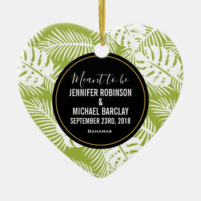 Green Palm Leaves Rainforest Pattern Wedding Ceramic Ornament (Front)