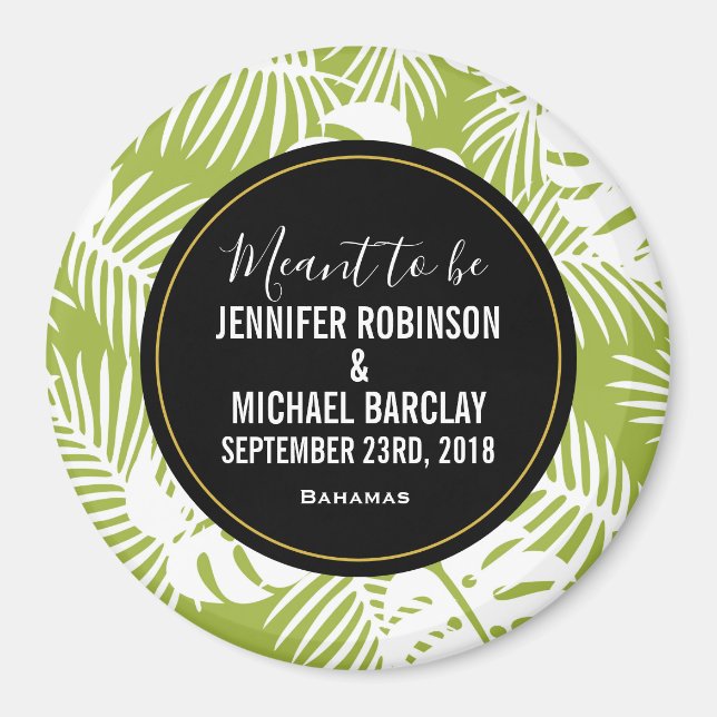 Green Palm Leaves Rainforest Pattern Wedding Date Magnet (Front)