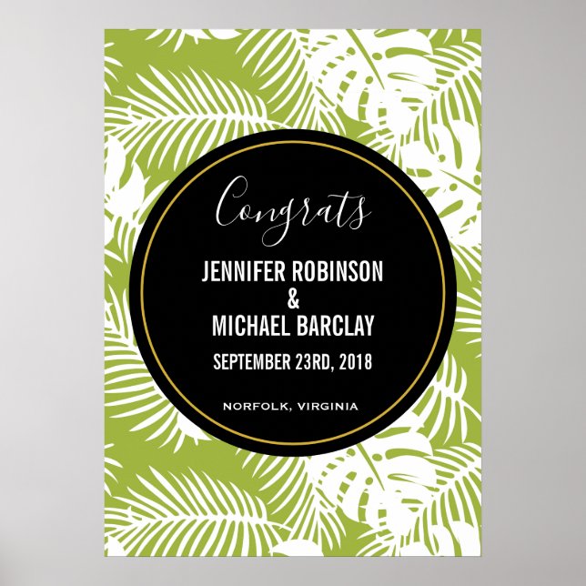 Green Palm Leaves Rainforest Pattern Wedding Poster (Front)