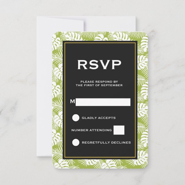 Green Palm Leaves Rainforest Pattern Wedding RSVP Card (Front)