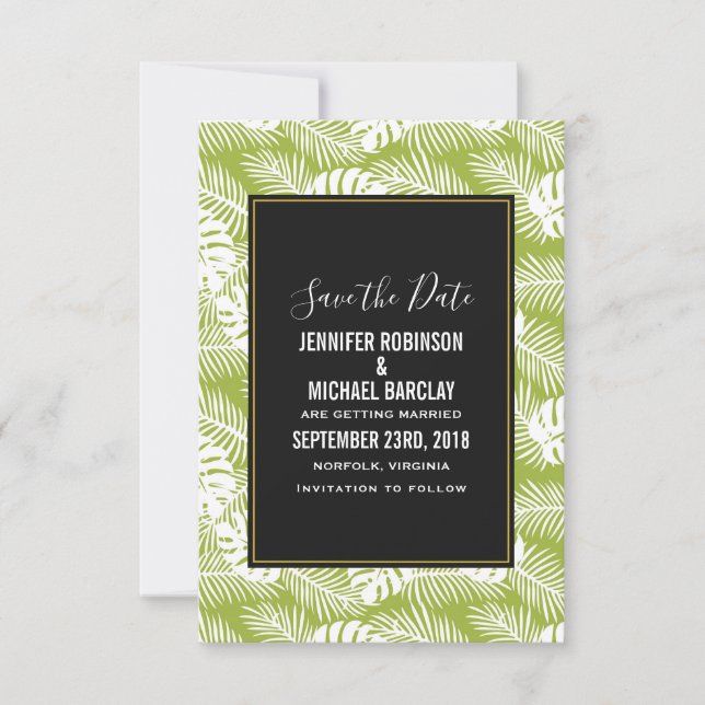 Green Palm Leaves Rainforest Pattern Wedding Save The Date (Front)