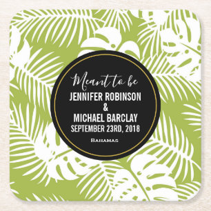 Green Palm Leaves Rainforest Pattern Wedding Square Paper Coaster