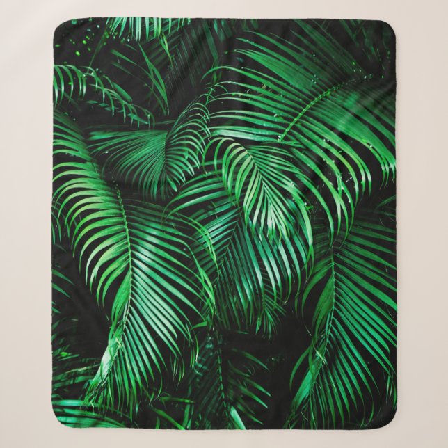 Green palm leaves sherpa blanket (Front)