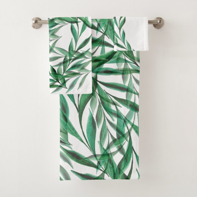 Green Palm Leaves Transparent Watercolor Bath Towel Set (Insitu)