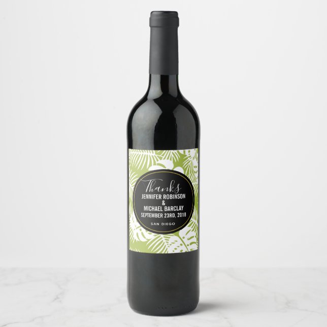 Green Palm Leaves Tropical Pattern Wedding Thanks Wine Label (Front)