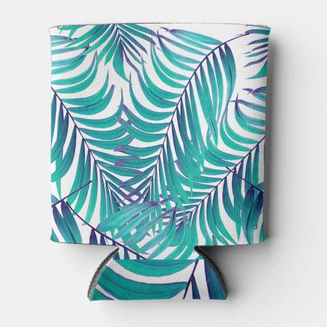 Green Palm Leaves: White Background Can Cooler (Front)