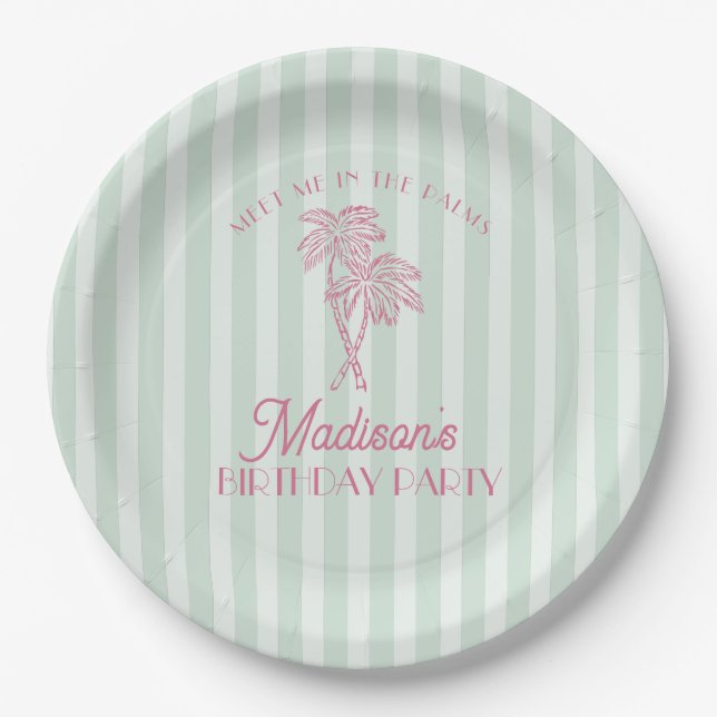 Green Palm Spring Pastel Beach Birthday Party Paper Plate (Front)