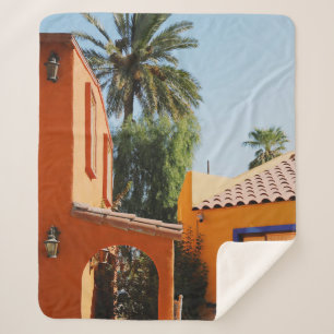 Green palm tree beside brown concrete building in  sherpa blanket