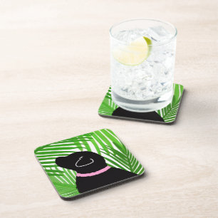 Green Palm Tree Island Black Dog Coaster Set