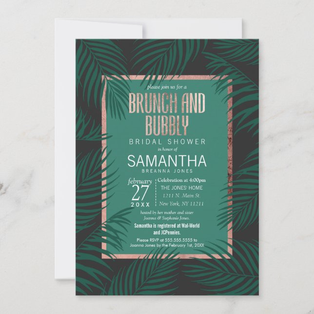 Green Palm Tree Leaf Black Rose Gold Brunch Bubbly Invitation (Front)