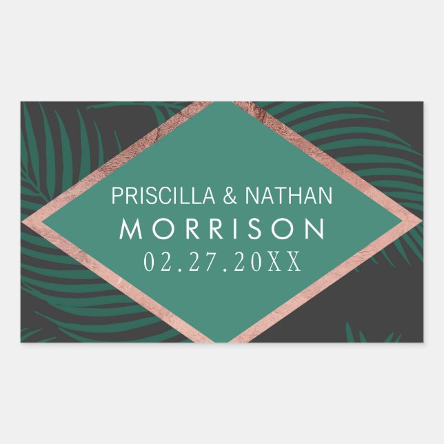 Green Palm Tree Leaves Black Rose Gold Wedding Sticker (Front)