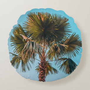 Green palm tree round pillow