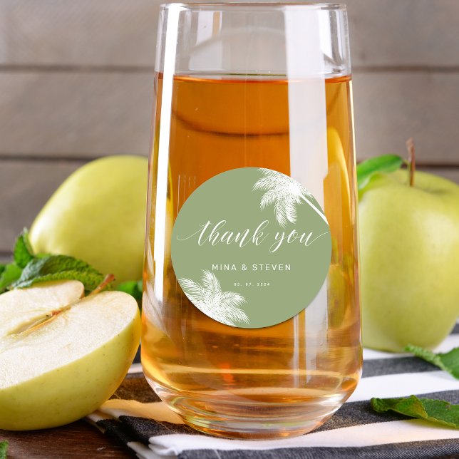 green palm tree tropical thank you wedding  classic round sticker (Creator Uploaded)