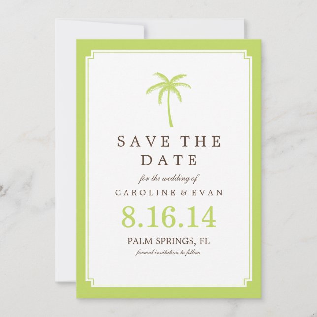 Green Palm Tree Wedding Save the Date (Front)