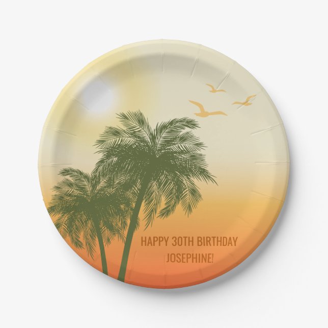 Green Palm Trees Orange Sunset Tropical Birthday Paper Plate (Front)