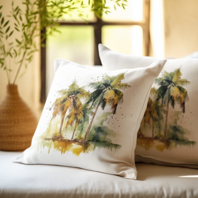 Green palm trees with coconuts water colour tropic throw pillow (Creator Uploaded)