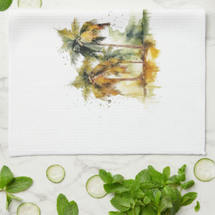 Green palm trees with coconuts watercolor tropics kitchen towel