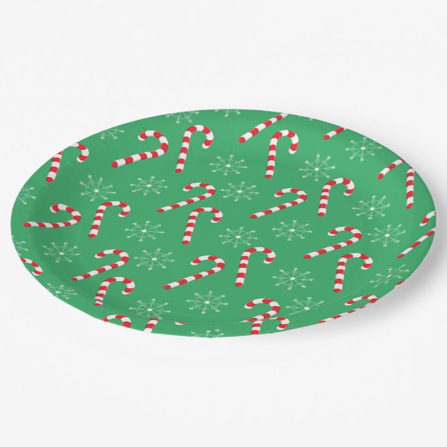 Green Paper Plate with candy canes and snowflakes (Angled)