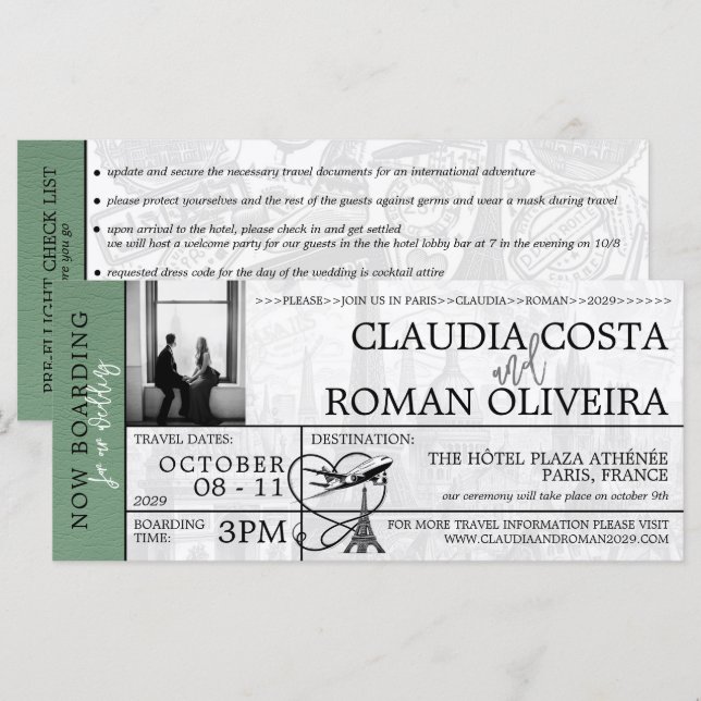 Green Paris Mariage Boarding Pass Invitation (Devant / Derrière)