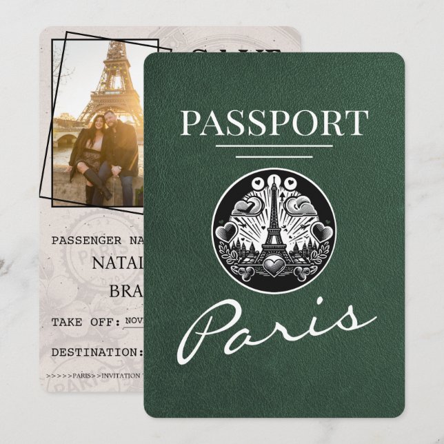 Green Paris Passport Save The Date (Front/Back)