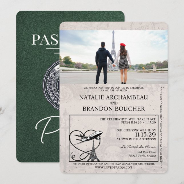 Green Paris Passport Wedding Invitation (Front/Back)
