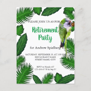 Green parrot and palm leaves retirement invitation postcard