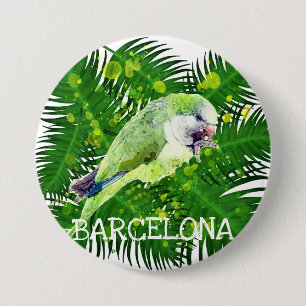 Green parrot and palm leaves watercolor 3 inch round button