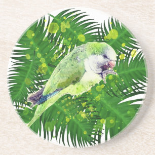Green parrot and palm leaves watercolor coaster