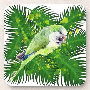 Green parrot and palm leaves watercolor coaster
