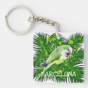 Green parrot and palm leaves watercolor keychain
