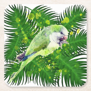 Green parrot and palm leaves watercolor square paper coaster