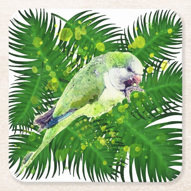 Green parrot and palm leaves watercolor square paper coaster (Front)