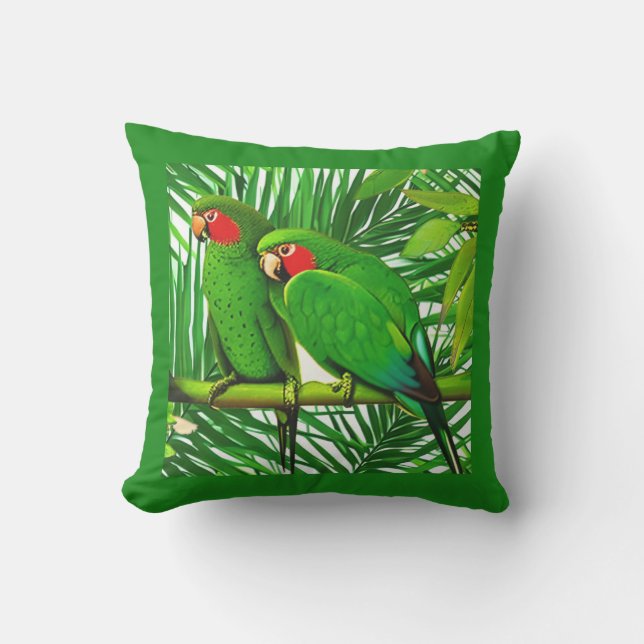 Green Parrot Couple in a Jungle Setting Outdoor Pillow (Front)