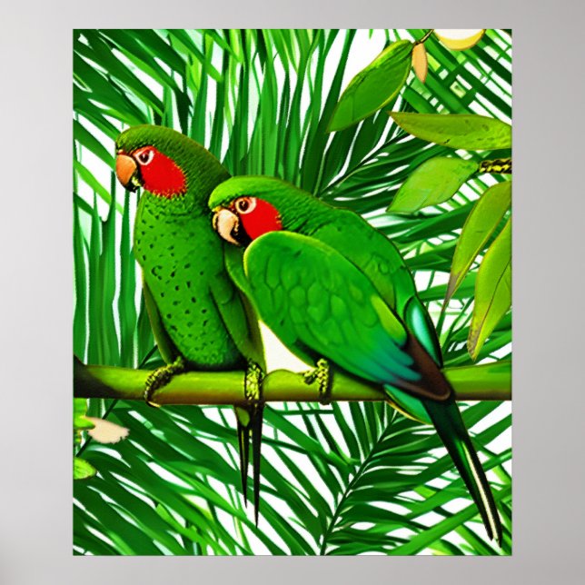 Green Parrot Couple in a Jungle Setting  Poster (Front)