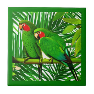 Green Parrot Couple in a Jungle Setting  Tile
