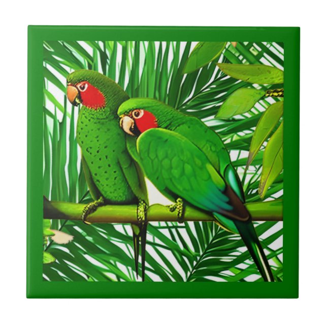 Green Parrot Couple in a Jungle Setting  Tile (Front)