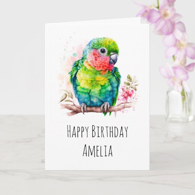 Green Parrot - Cute Baby Bird Birthday Card (Orchid)