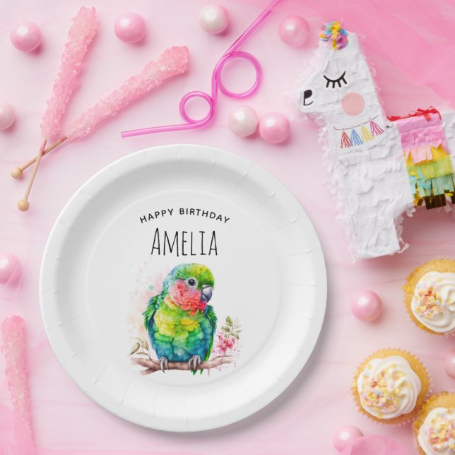 Green Parrot - Cute Baby Bird Birthday Paper Plate (Party)
