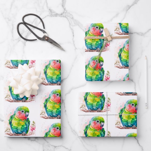 Green Parrot - Cute Baby Bird Wrapping Paper Sheet (Front)
