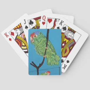 green parrot playing cards