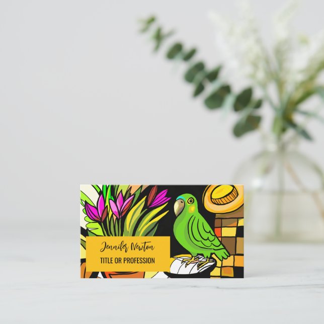 Green parrot with orange and yellow  business card (Standing Front)