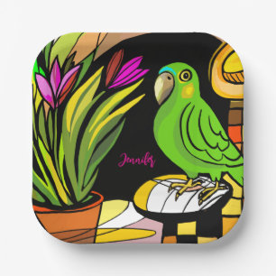 Green parrot with orange and yellow  paper plate