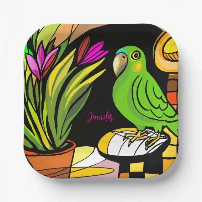 Green parrot with orange and yellow  paper plate (Front)