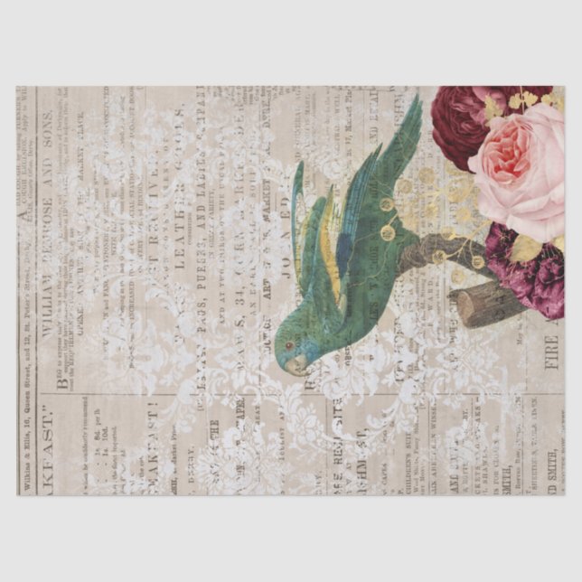 Green Parrot with Roses on Newspaper Decoupage Tissue Paper (Front)