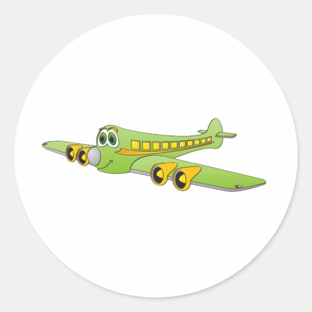 Green Passenger Jet Cartoon Classic Round Sticker (Front)